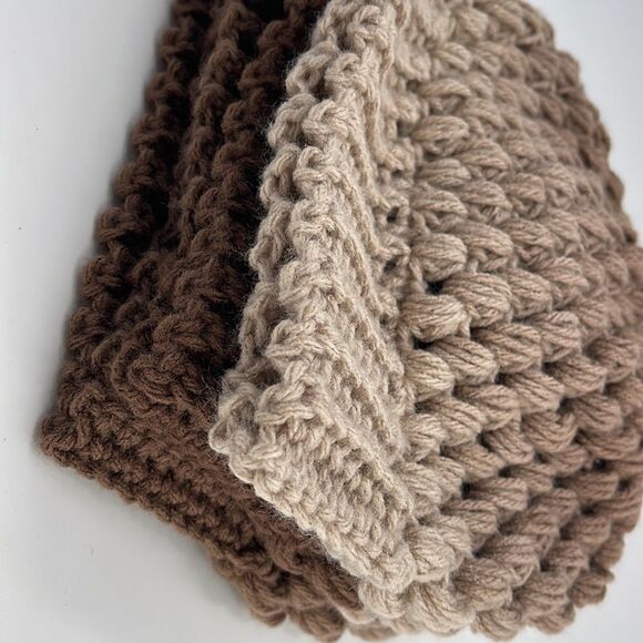 Handmade Napper bun beanie ponytail stocking cap one size NEW brown tan cream - Picture 10 of 10